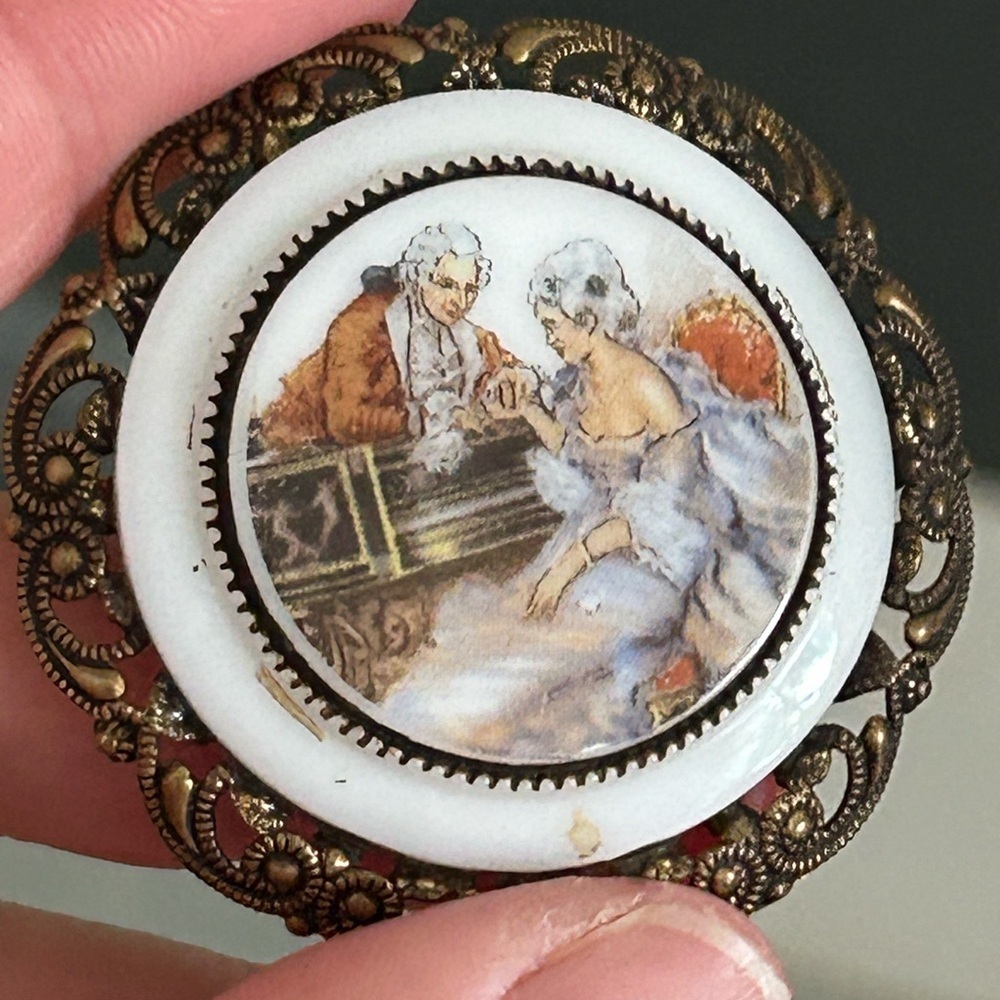 4/$100 WEST GERMANY Vintage Style Brooch with Romantic Scene 💛